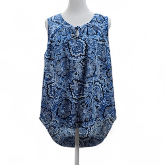 Juicy Couture Tops - Juicy Couture Blue Paisley Sleeveless Blouse Tie Neck High Low Hem Size Large